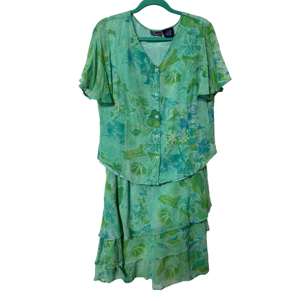 Y2K Phool Green Butterfly Floral 2 PC Skirt Set XL Button Top Tiered Midi Skirt